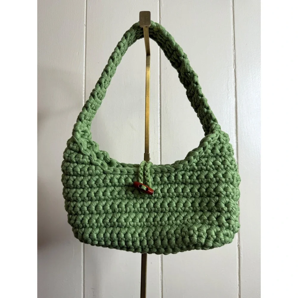 Crochet Shoulder Bag Women's Green Knitted Purse Wooden Button Closure Hobo